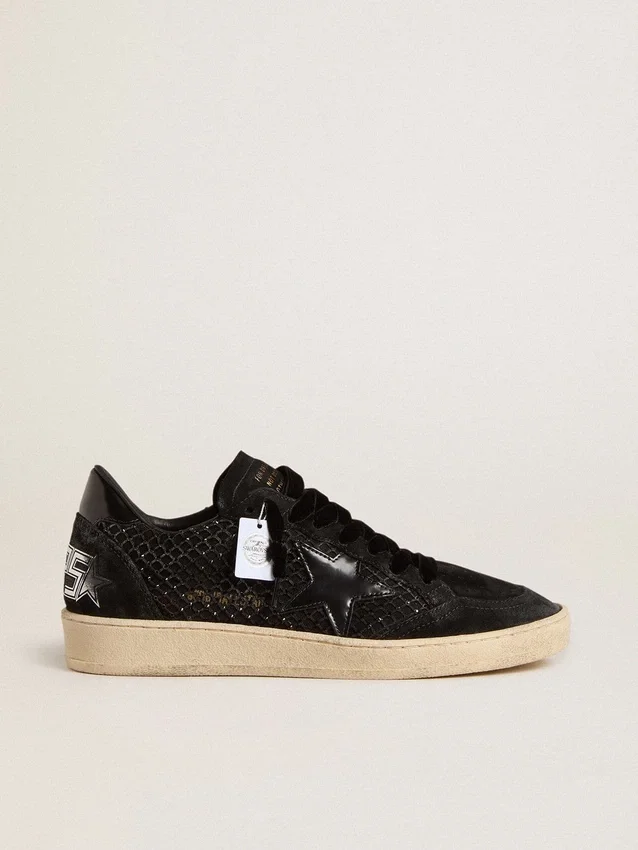 Zapatillas Ball Star para mujer en malla con cristales Swarovski y estrella y lengüeta del talón de piel laminada negra