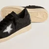 Zapatillas Ball Star para mujer en malla con cristales Swarovski y estrella y lengüeta del talón de piel laminada negra