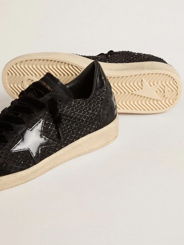 Zapatillas Ball Star para mujer en malla con cristales Swarovski y estrella y lengüeta del talón de piel laminada negra