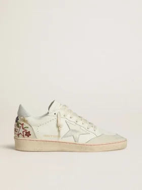 Zapatillas Ball Star para mujer en piel con estrella de ante platino y bordado floral multicolor