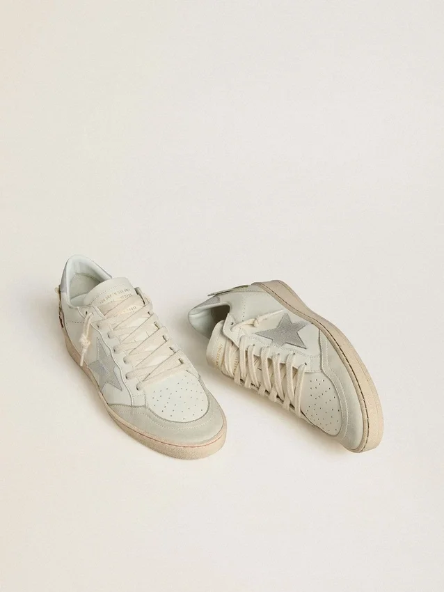 Zapatillas Ball Star para mujer en piel con estrella de ante platino y bordado floral multicolor
