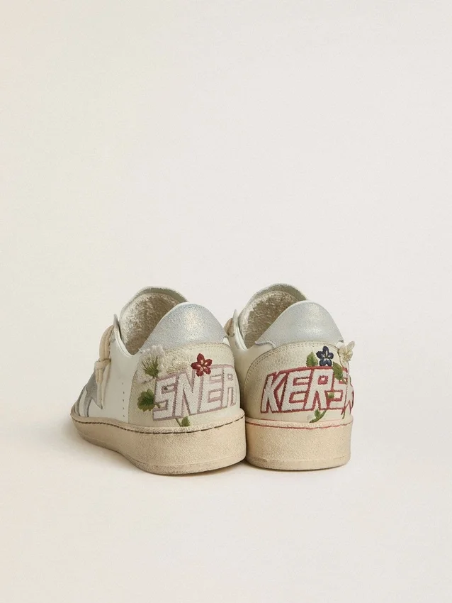 Zapatillas Ball Star para mujer en piel con estrella de ante platino y bordado floral multicolor