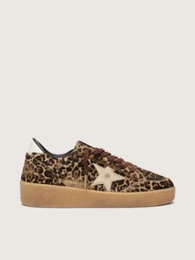 Zapatillas Ball Star para mujer en piel de potro con estampado de leopardo, estrella de piel platino y lengüeta del talón de piel blanca
