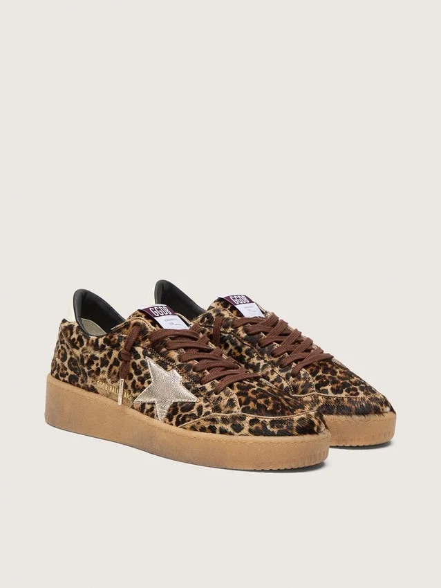 Zapatillas Ball Star para mujer en piel de potro con estampado de leopardo, estrella de piel platino y lengüeta del talón de piel blanca