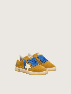 Zapatillas Ball Star para niños en ante ocre con estrella y lengüeta en el talón de piel blanca brillante