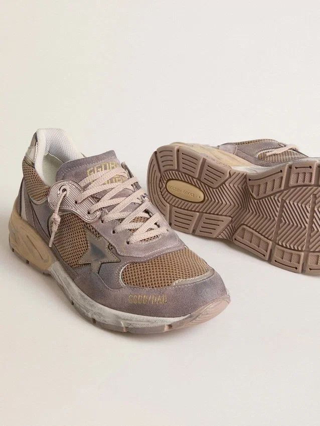 Zapatillas Dad-Star para mujer en ante lila y malla, con estrella y lengüeta en el talón de piel laminada
