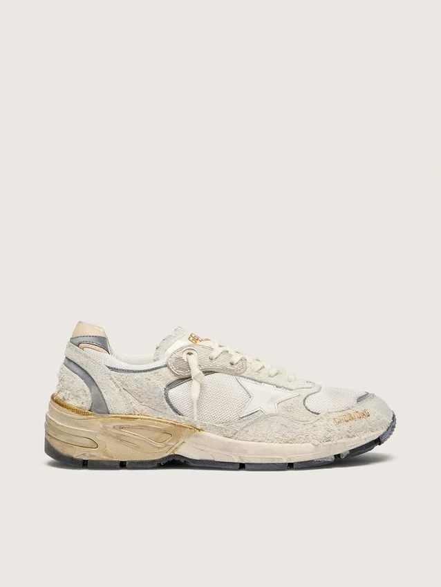 Zapatillas Dad-Star para mujer en ante y malla con estrella de piel blanca y lengüeta trasera de piel beige