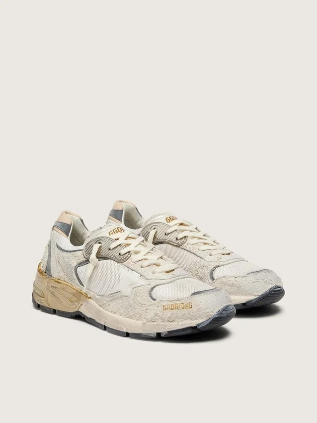 Zapatillas Dad-Star para mujer en ante y malla con estrella de piel blanca y lengüeta trasera de piel beige