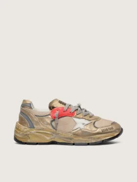 Zapatillas Dad-Star para mujer en piel laminada dorada y malla, con estrella de piel blanca y lengüeta del talón de piel dorada