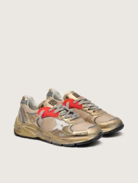 Zapatillas Dad-Star para mujer en piel laminada dorada y malla, con estrella de piel blanca y lengüeta del talón de piel dorada