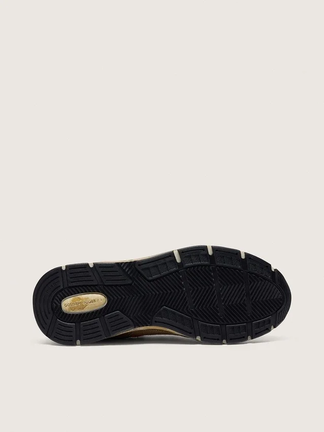 Zapatillas Dad-Star para hombre en piel laminada dorada y malla, con estrella de piel blanca y lengüeta trasera de piel dorada