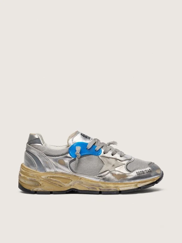 Zapatillas Dad-Star para mujer en piel laminada plateada y malla, con estrella de piel blanca y lengüeta plateada en el talón