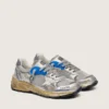 Zapatillas Dad-Star para mujer en piel laminada plateada y malla, con estrella de piel blanca y lengüeta plateada en el talón