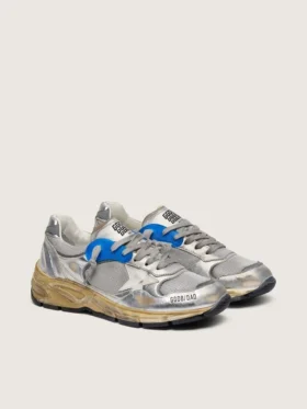 Zapatillas Dad-Star para mujer en piel laminada plateada y malla, con estrella de piel blanca y lengüeta plateada en el talón