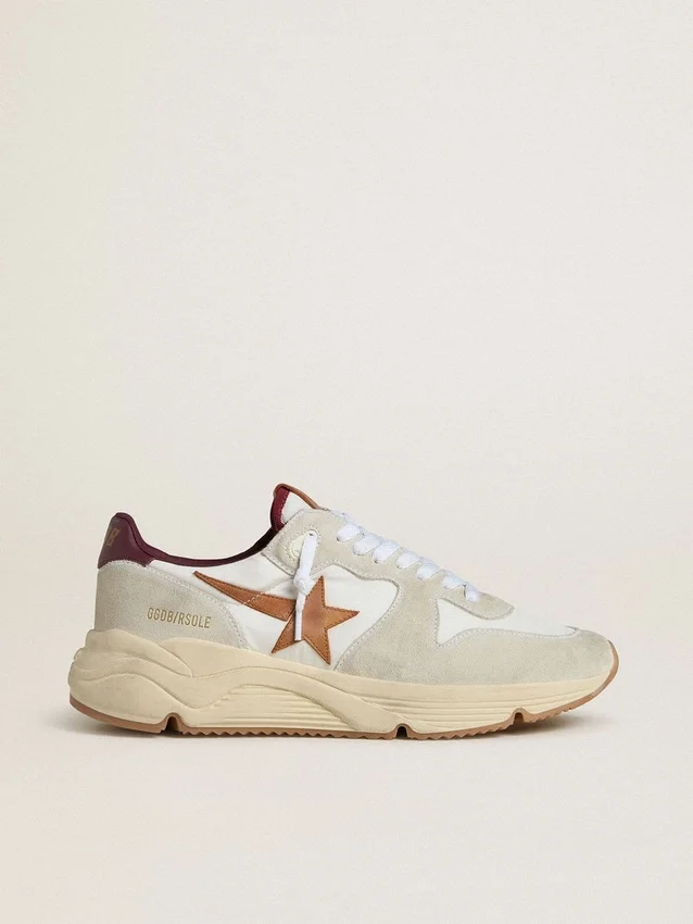 Zapatillas de hombre con Running Sole de nailon y ante, con estrella de piel marrón y lengüeta trasera de piel burdeos