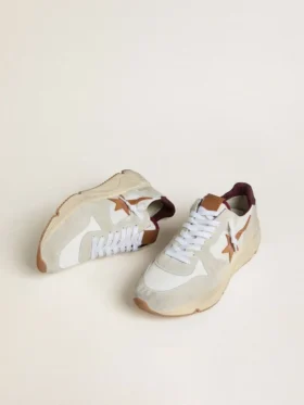 Zapatillas de hombre con Running Sole de nailon y ante, con estrella de piel marrón y lengüeta trasera de piel burdeos