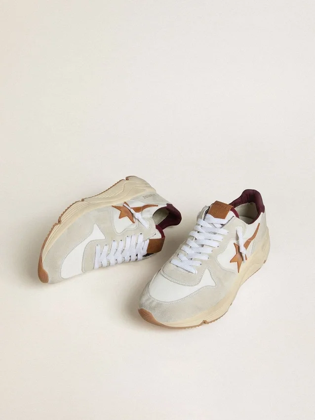 Zapatillas de hombre con Running Sole de nailon y ante, con estrella de piel marrón y lengüeta trasera de piel burdeos