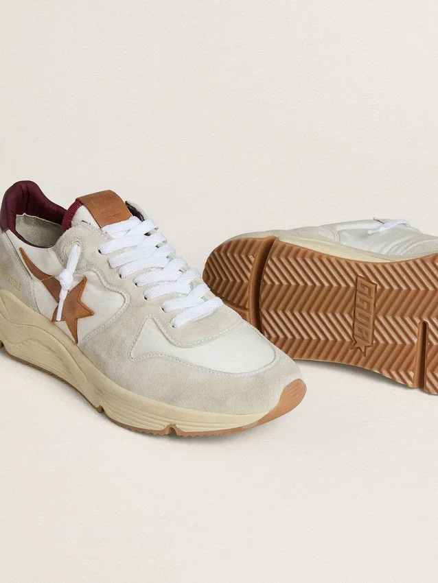 Zapatillas de hombre con Running Sole de nailon y ante, con estrella de piel marrón y lengüeta trasera de piel burdeos