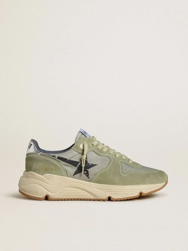 Zapatillas de hombre con Running Sole en nailon y ante verde salvia con estrella negra estampada
