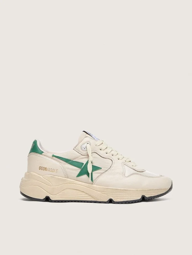 Zapatillas de mujer con Running Sole en nailon color crema y piel con estrella de piel verde