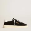 Zapatillas de tenis para mujer en ante negro con lengüeta trasera de piel blanca
