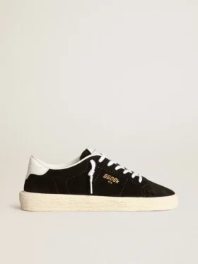 Zapatillas de tenis para mujer en ante negro con lengüeta trasera de piel blanca