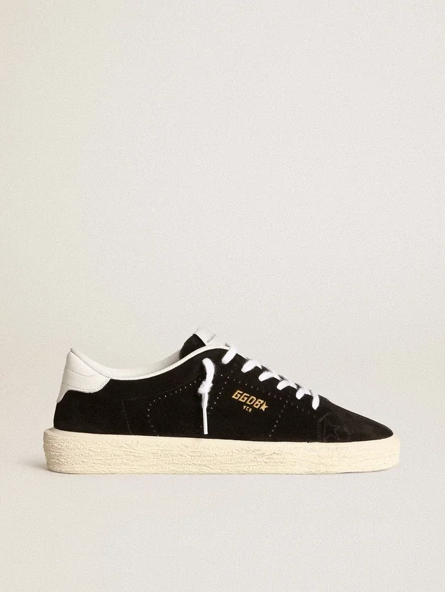 Zapatillas de tenis para mujer en ante negro con lengüeta trasera de piel blanca