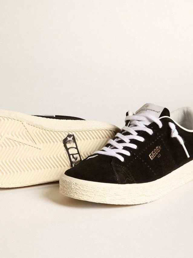 Zapatillas de tenis para mujer en ante negro con lengüeta trasera de piel blanca