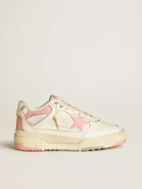 Zapatillas Forty2 para hombre con estrella rosa y lengüeta trasera de cuero blanco