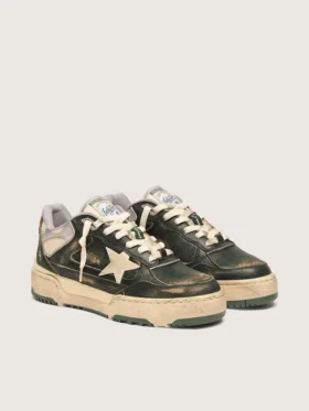 Zapatillas Forty2 para hombre en piel verde y nailon color crema con estrella de TPU y lengüeta del talón de piel plateada