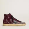 Zapatillas Francy LAB para mujer en ante burdeos con estrella de piel negra brillante y pedrería