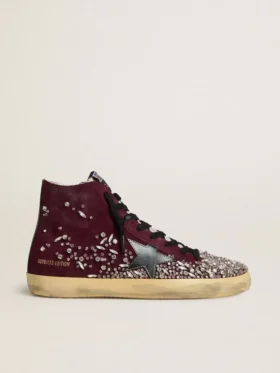 Zapatillas Francy LAB para mujer en ante burdeos con estrella de piel negra brillante y pedrería
