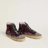 Zapatillas Francy LAB para mujer en ante burdeos con estrella de piel negra brillante y pedrería