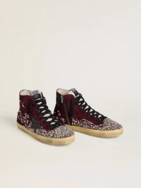 Zapatillas Francy LAB para mujer en ante burdeos con estrella de piel negra brillante y pedrería