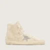 Zapatillas Francy para mujer en ante beige con estrella plateada brillante