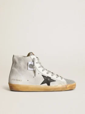 Zapatillas Francy para mujer en ante blanco con estrella de piel negra y lengüeta con cristales Swarovski plateados