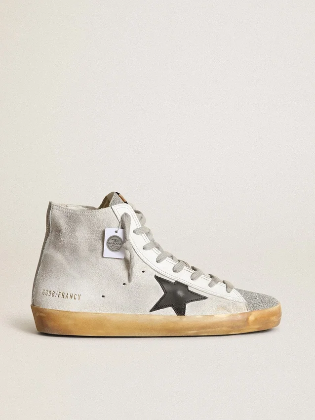 Zapatillas Francy para mujer en ante blanco con estrella de piel negra y lengüeta con cristales Swarovski plateados