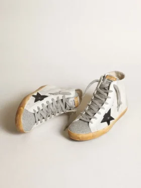 Zapatillas Francy para mujer en ante blanco con estrella de piel negra y lengüeta con cristales Swarovski plateados