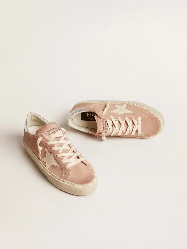 Zapatillas Hi Star para mujer en ante rosa con estrella color crema y lengüeta del talón de piel plateada