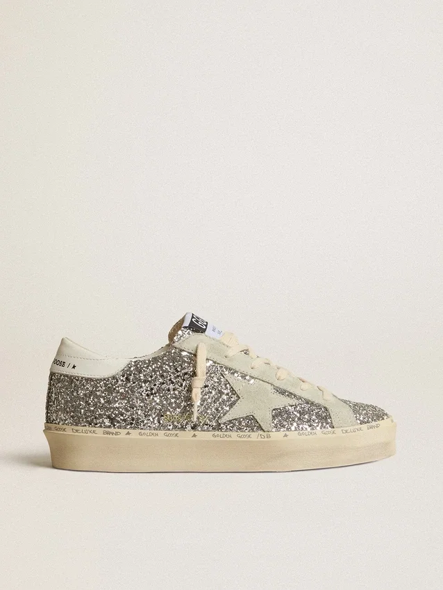 Zapatillas Hi Star para mujer en brillo plateado con estrella de ante y lengüeta del talón blanca