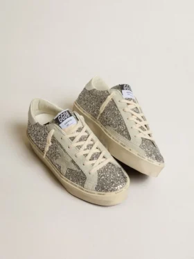 Zapatillas Hi Star para mujer en brillo plateado con estrella de ante y lengüeta del talón blanca