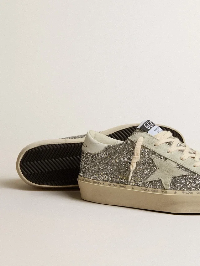 Zapatillas Hi Star para mujer en brillo plateado con estrella de ante y lengüeta del talón blanca