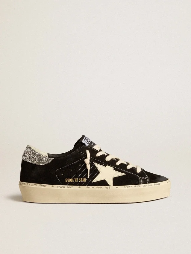 Zapatillas Hi Star para mujer en piel negra con lengüeta del talón con purpurina plateada