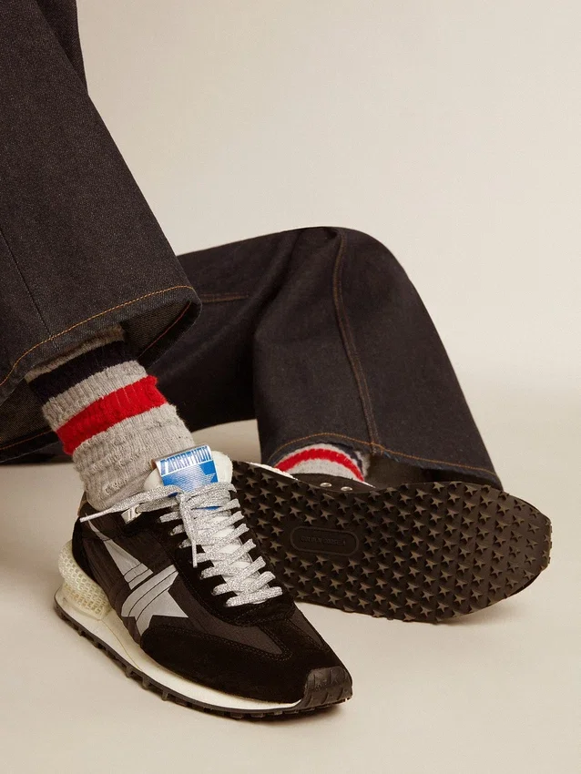 Zapatillas Marathon para hombre con parte superior de nailon ripstop negro y estrella plateada