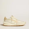 Zapatillas Marathon para hombre en nailon beige y piel gris con estrella estampada en beige
