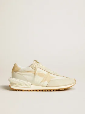 Zapatillas Marathon para hombre en nailon beige y piel gris con estrella estampada en beige