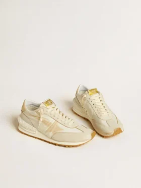 Zapatillas Marathon para hombre en nailon beige y piel gris con estrella estampada en beige