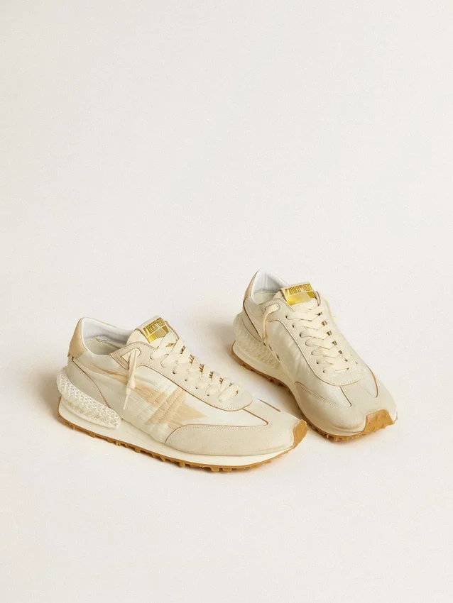 Zapatillas Marathon para hombre en nailon beige y piel gris con estrella estampada en beige