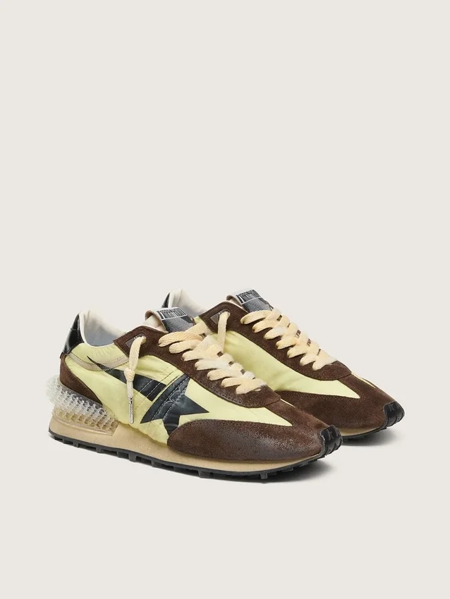 Zapatillas Marathon para mujer en nailon verde lima con estrella negra e inserciones de ante marrón