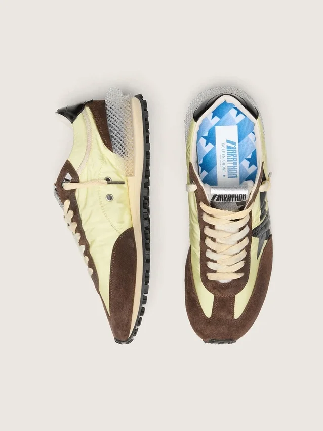 Zapatillas Marathon para mujer en nailon verde lima con estrella negra e inserciones de ante marrón